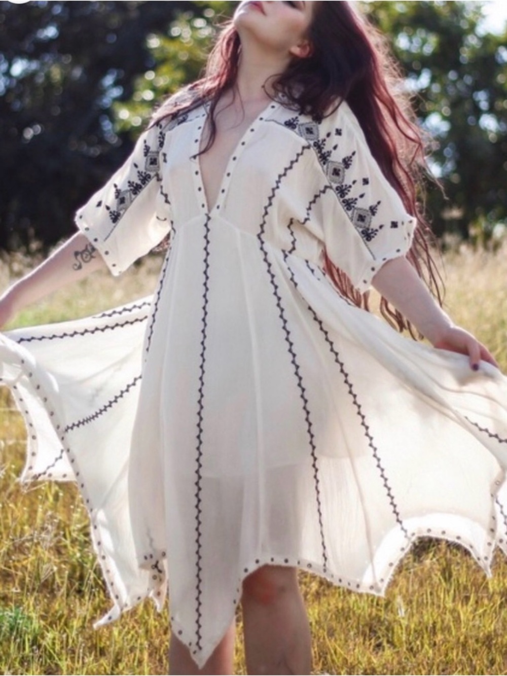 Denim & Supply Ralph Lauren White Black Boho Embroidered Dress V Neck Small